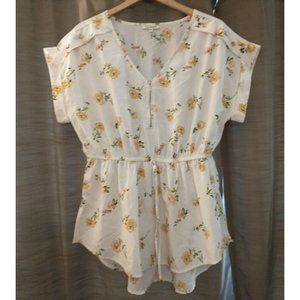 Women's Mileage Floral Print High Low Tie/Zip Front Yellow/White Blouse Size 1X